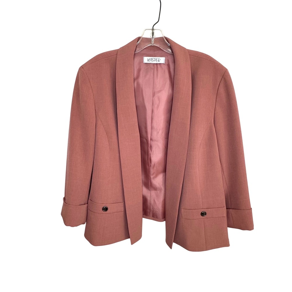 Kasper Blazer Women 14 Pink Shawl Collar Cuffed 3/4 Sleeve Career Chic